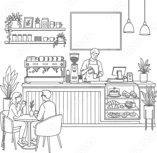 Cafe vector illustration for coffee shop poster with barista counter plants and clean black white outline style
