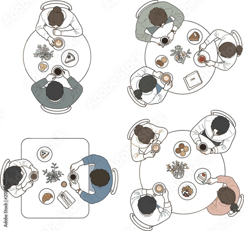 Dining vector illustration for restaurant poster with family meal table and clean black white outline style