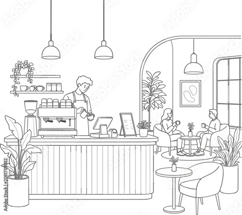 Cafe vector illustration for coffee shop poster with barista counter plants and clean black white outline style