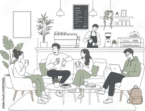 Cafe vector illustration for coffee shop poster with barista counter plants and clean black white outline style