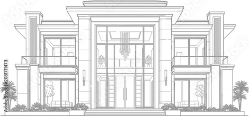 Villa vector illustration for real estate poster with luxury house facade balcony and clean outline style