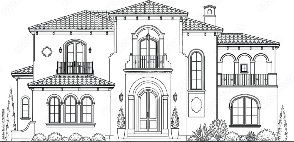 Obraz premium Villa vector illustration for real estate poster with luxury house facade balcony and clean outline style