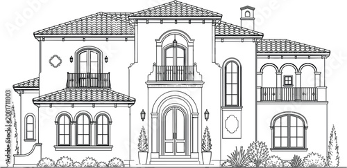 Villa vector illustration for real estate poster with luxury house facade balcony and clean outline style
