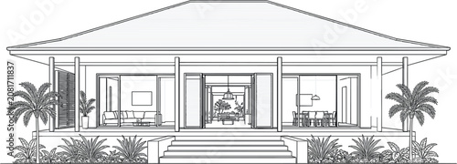 Villa vector illustration for real estate poster with luxury house facade balcony and clean outline style