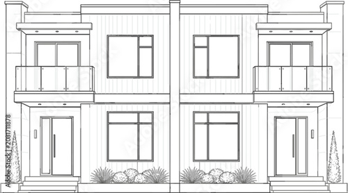 House vector illustration for real estate poster with modern facade garage balcony and clean outline style