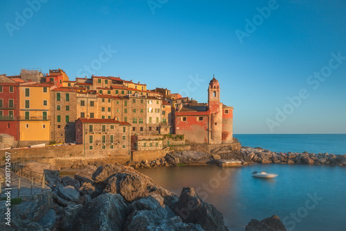 Tellaro Village and San Giorgio Church at Sunset in Liguria