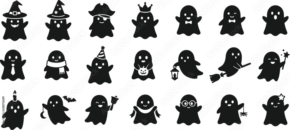 Fototapeta premium Ghost silhouettes with various costumes and props on a white background apparition phantom specter wraith spirit shade figure form