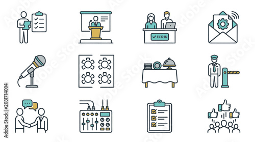 Set of icons representing business meeting and event management concepts.