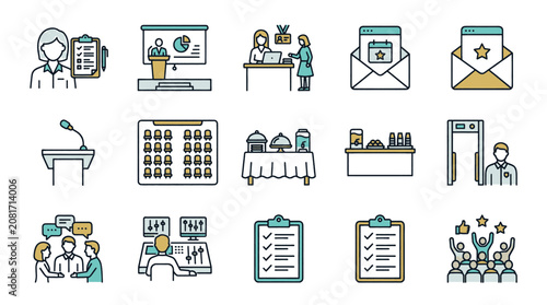 Collection of flat icons representing business meeting and event planning elements.