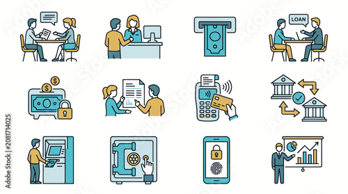 Collection of flat icons representing banking and financial services, including ATMs, loans, and customer service.