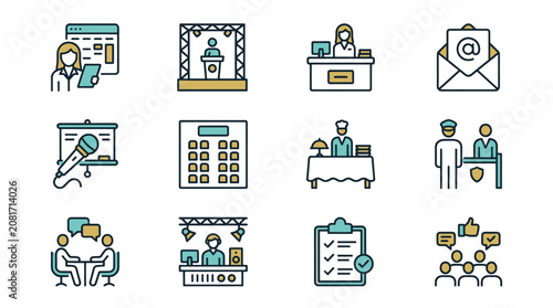 Collection of business and event icons representing various services and activities.