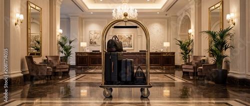 Luxury Hotel Luggage Cart with Suitcases in Elegant Resort Lobby