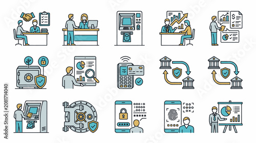 Set of icons representing financial services, banking operations, and digital security measures.