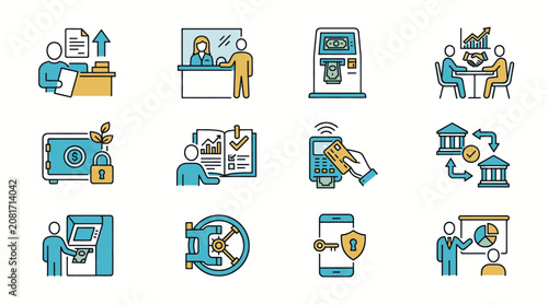 Set of financial icons representing banking services, online transactions, and financial management.