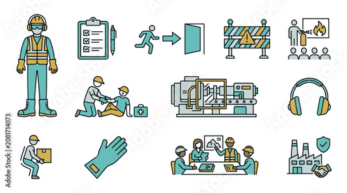 Collection of industrial safety and health icons representing various aspects of workplace safety and procedures.