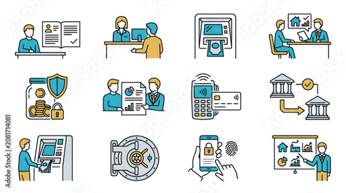 Collection of financial service icons representing banking, security, and transactions.