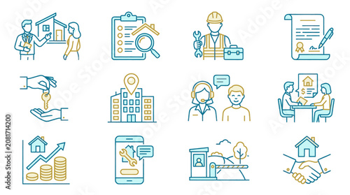 Real Estate Icons Set: Buying, Selling, Renting, and Property Management Services.