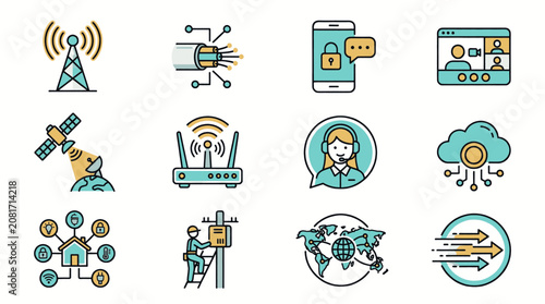 Collection of modern flat icons representing telecommunications and digital technology concepts.