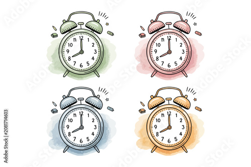 Tableau sur toile set of Watercolor Alarm Clock Clipart, Student Routine illustration isolated on