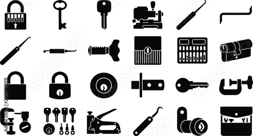 Obraz na plátně Locksmith tools and key cutting security equipment black icon vector set with pa