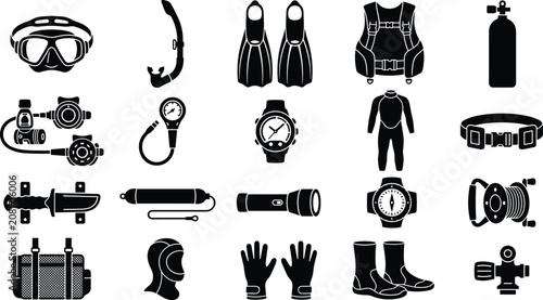 Foto Scuba diving equipment and snorkeling gear black icon vector set with mask, snor