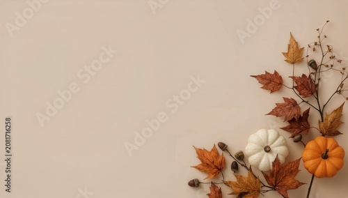 Autumn Decorations With Pumpkins, Leaves, and Acorns on a Neutral Background