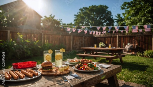 Summer Cookout in a Backyard With Food and Drinks on a Sunny Day