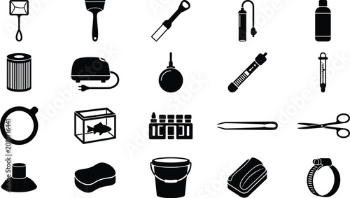 Foto Aquarium maintenance and fish tank care equipment black icon vector set with fis