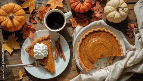 Enjoying Pumpkin Pie With Coffee and Autumn Decorations on a Wooden Table
