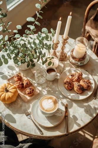 Coffee and Baked Goods on a Table With Plants and Candles in a Cozy Setting