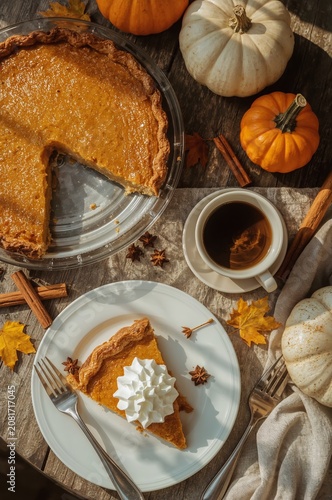 Warm Gathering Around Pumpkin Pie With Coffee and Decorations During Autumn S...