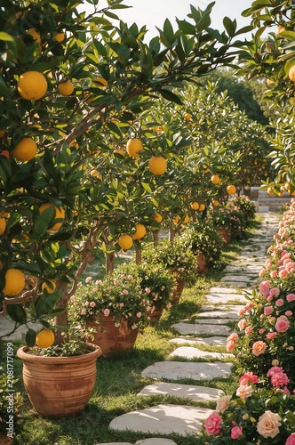 Lemon Trees and Pink Flowers Line a Pathway in a Sunny Garden