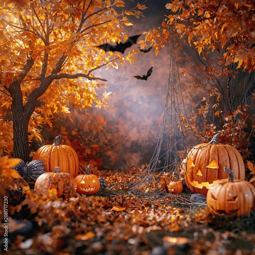 Halloween Scene With Pumpkins, Bats, and Autumn Leaves in a Dark Forest Setting