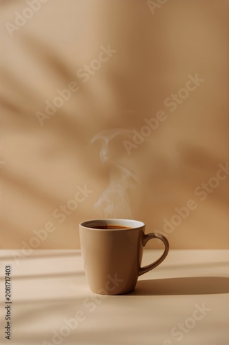 Warm Cup of Coffee Sits on a Table With Steam Rising in the Soft Light of Mor...