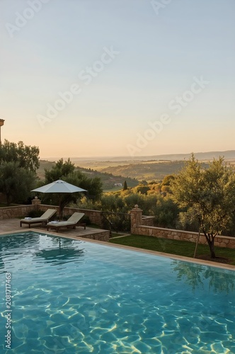 Sky and Water Reflect Light at a Poolside View Over a Green Valley During Sunset