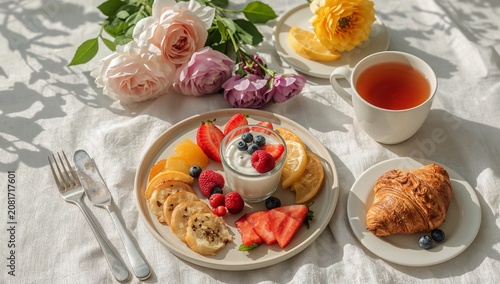 Breakfast Spread With Fruit, Yogurt, Croissant, Tea and Flowers on a Table