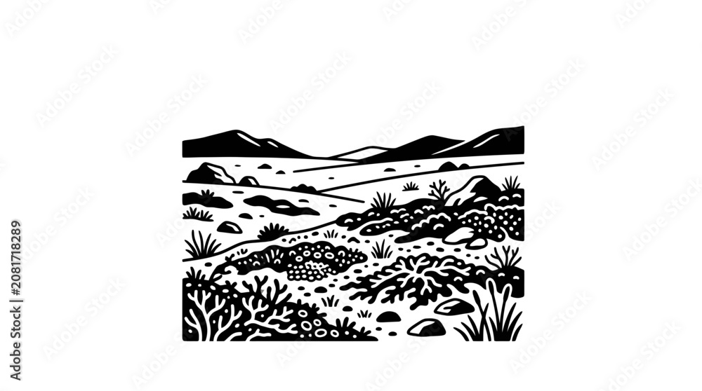 Obraz premium Stylized Desert Landscape Illustration with Mountains and Arid Vegetation