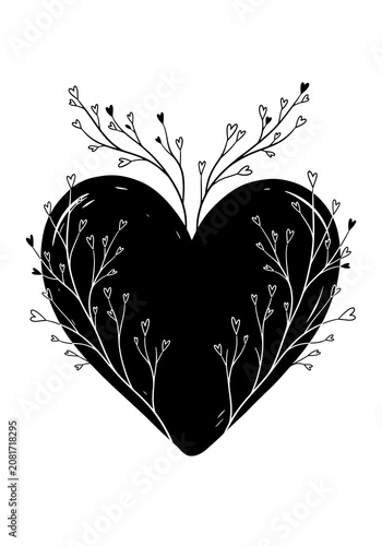 Inkheart Bloom: Delicate growth enfolds a bold, silhouetted heart in this striking monochrome illustration.