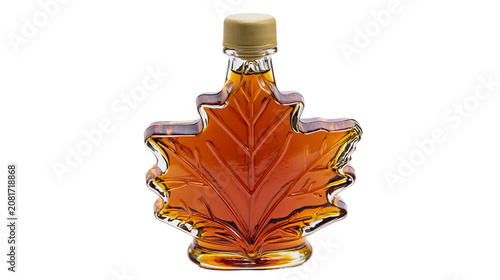 Photos Glass maple leaf shaped bottle filled with amber maple syrup, isolated on transp