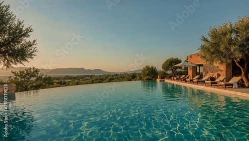 Luxury Villa Pool With View of Mountains and Sunset in a Warm Evening Sky