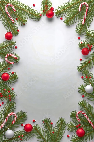 Christmas Decorations With Red and White Ornaments and Greenery on a Plain Ba...