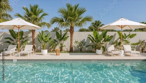 Relaxing Scene by the Pool With Palm Trees and Umbrellas in a Sunny Location ...