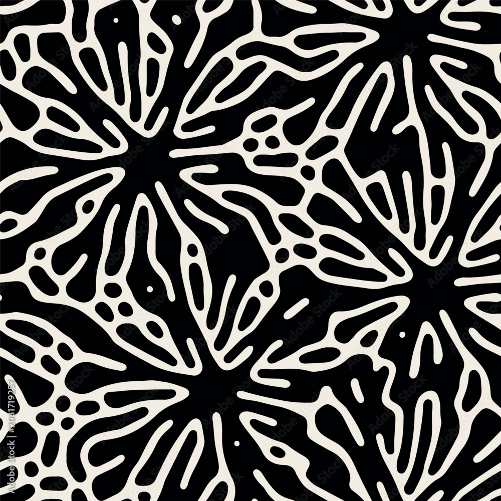 Fototapeta premium Vector seamless pattern. Stylish background with abstract flowers. Monochrome floral theme. Contrast texture with hand drawn leaves. Modern surface design.