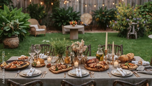 Outdoor Dinner Party With Food and Candles in a Garden Setting