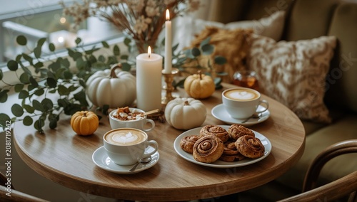 Enjoy Coffee and Pastries at a Cozy Table With Pumpkins and Candles