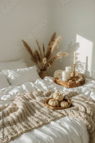 Cozy Bedroom Setup With Soft Blankets and Autumn Decor in Natural Light