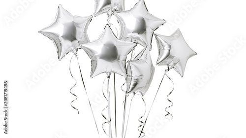 Shiny silver star shaped balloons with curling ribbons, isolated on transparent background