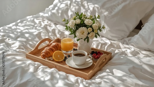 Breakfast Tray With Coffee, Juice, Croissant, and Flowers on Bed in Morning L...