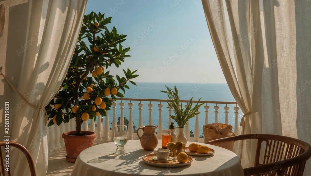 Fototapeta premium Enjoying a Sunny Day on a Balcony With a View of the Sea and a Table Set With Food and Drinks