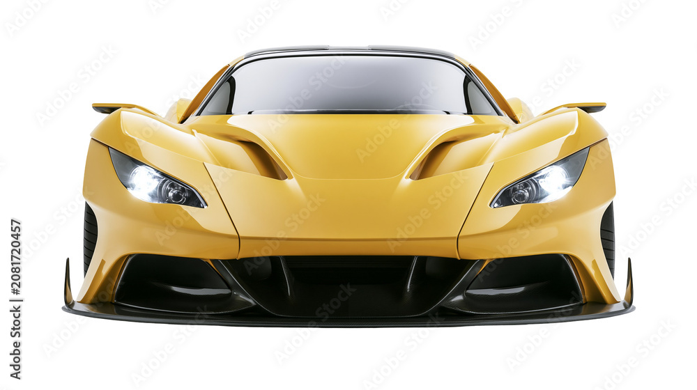Fototapeta premium Yellow sports car with sleek aerodynamic design headlights on, isolated on transparent background